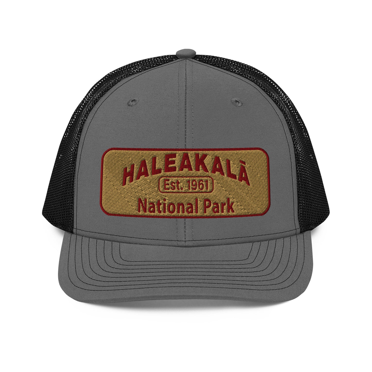 Haleakalā National Park Camo Hat - Gold and Red Embroidered Haleakalā National Park logo on front - Richardson 112 Trucker Hat - Front View  - Color:  Heather/Black
