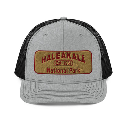 Haleakalā National Park Camo Hat - Gold and Red Embroidered Haleakalā National Park logo on front - Richardson 112 Trucker Hat - Front View  - Color:  Heather/Black