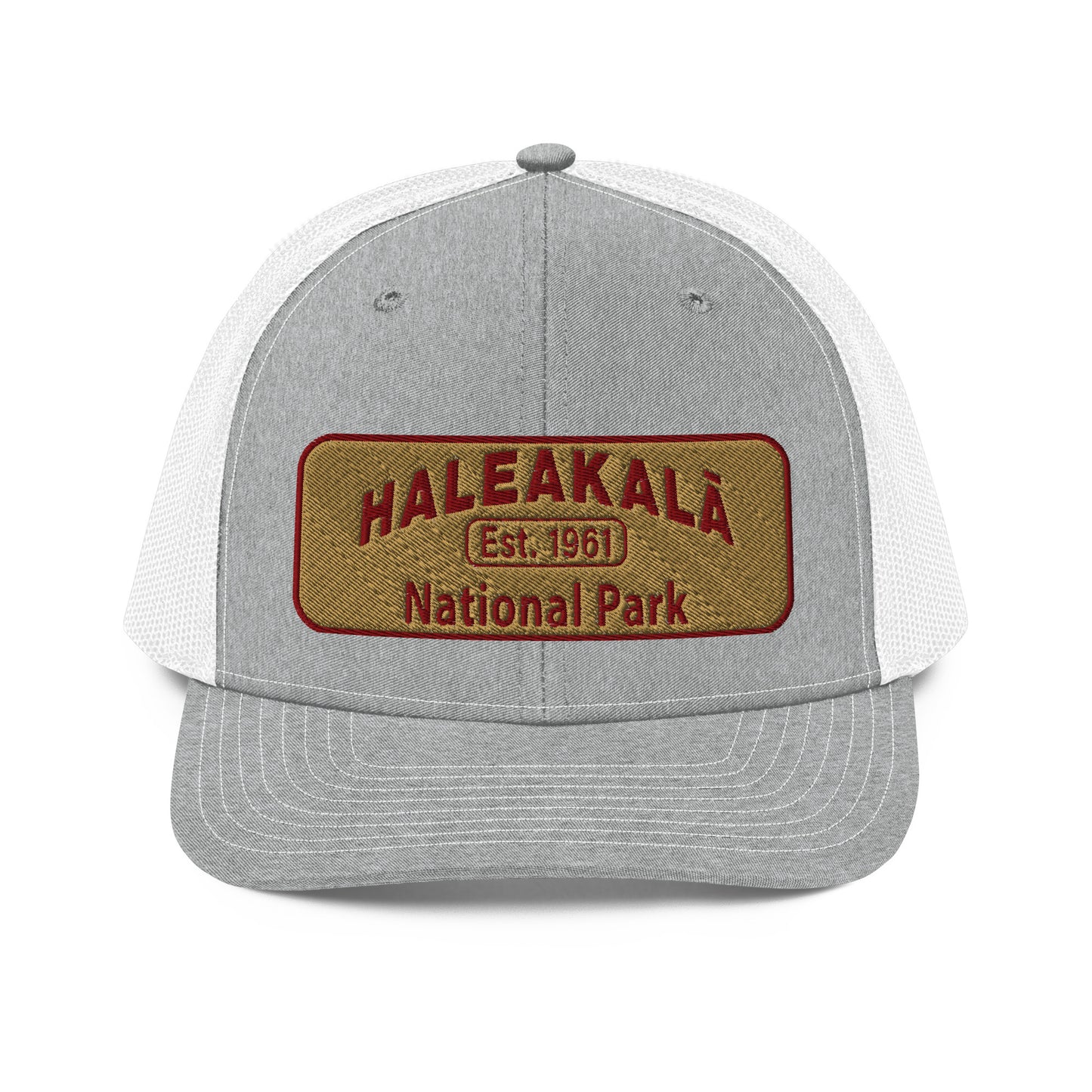 Haleakalā National Park Camo Hat - Gold and Red Embroidered Haleakalā National Park logo on front - Richardson 112 Trucker Hat - Front View  - Color:  Heather/White