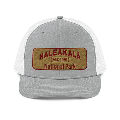 Haleakalā National Park Camo Hat - Gold and Red Embroidered Haleakalā National Park logo on front - Richardson 112 Trucker Hat - Front View  - Color:  Heather/White