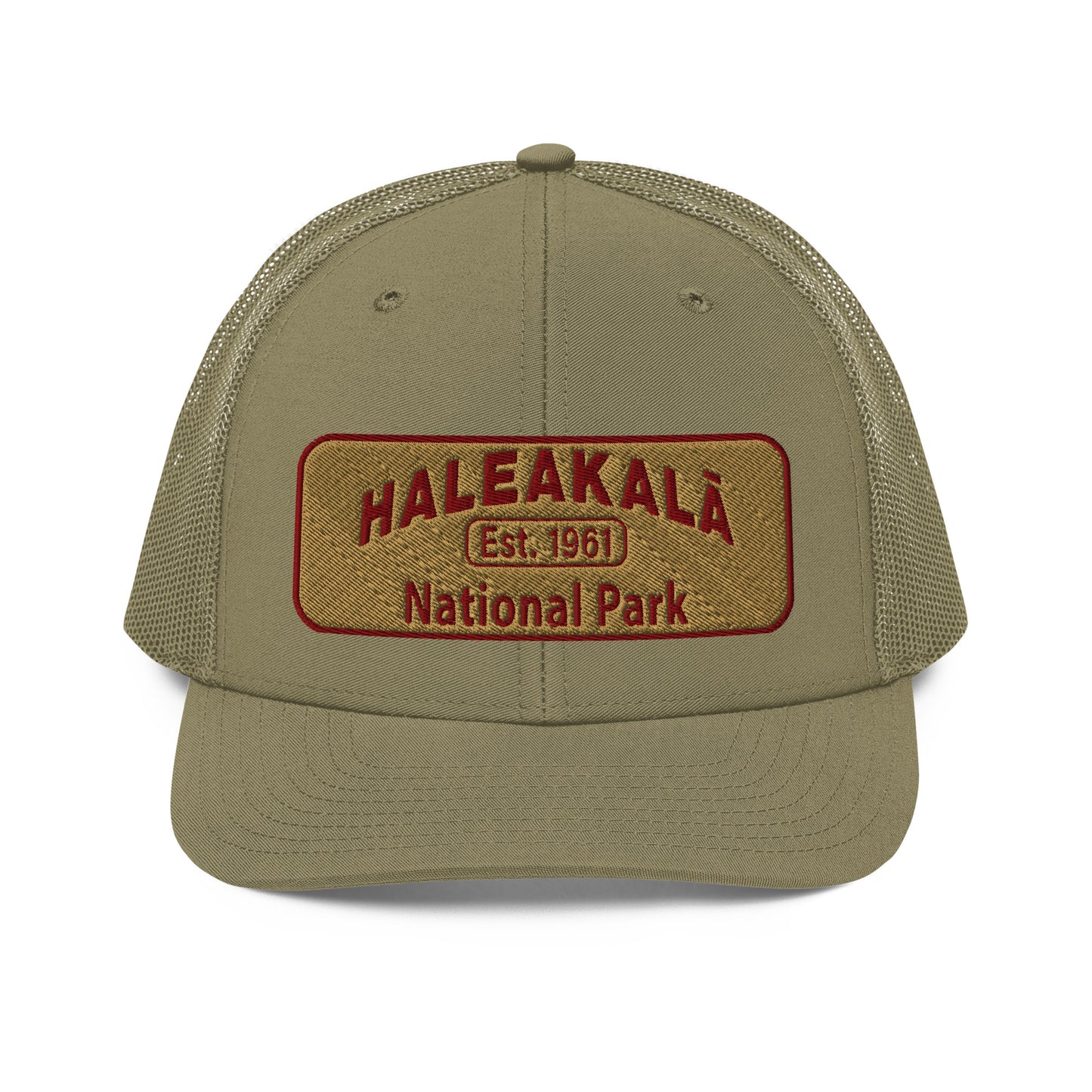 Haleakalā National Park Camo Hat - Gold and Red Embroidered Haleakalā National Park logo on front - Richardson 112 Trucker Hat - Front View  - Color:  Lode