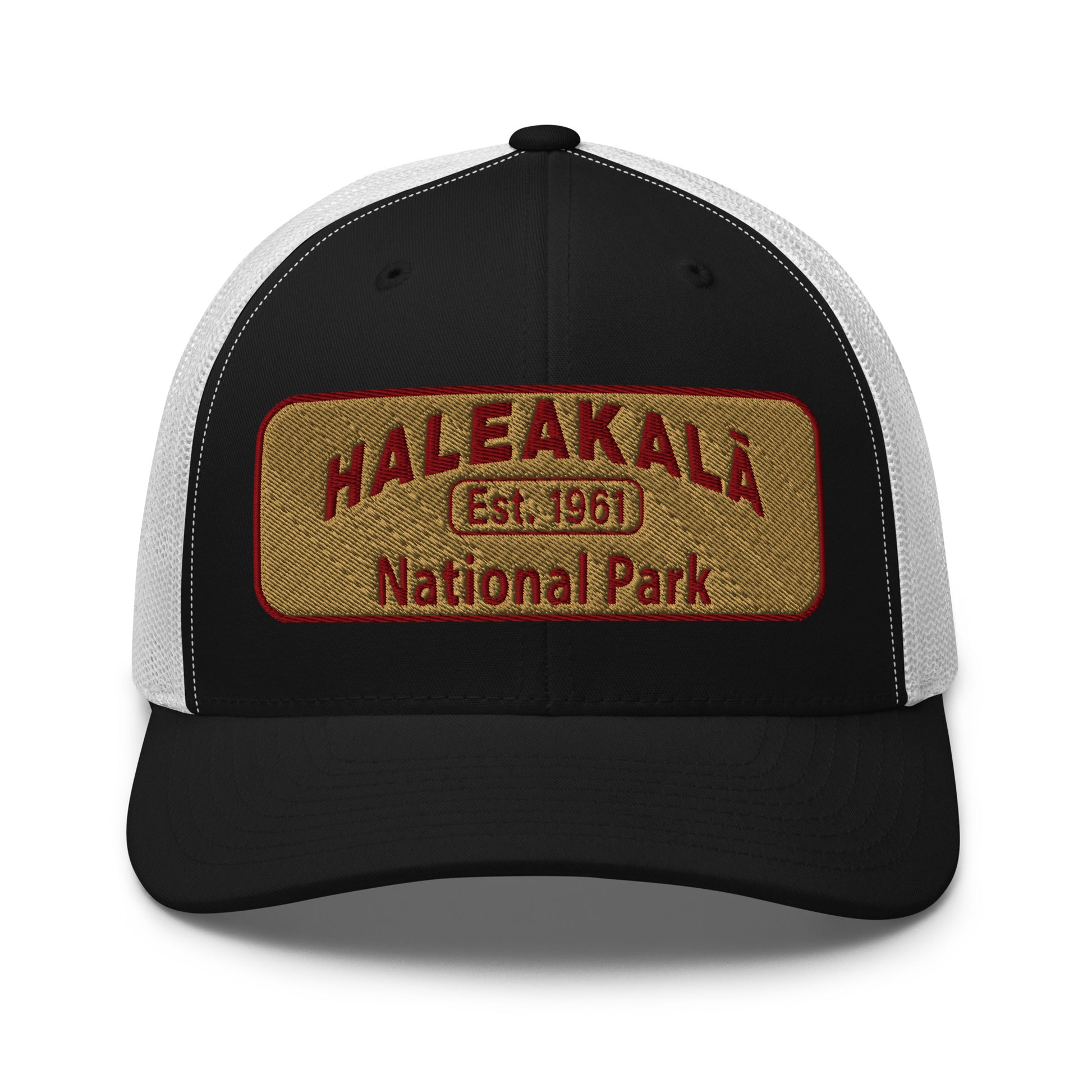 Haleakalā National Park Camo Hat - Gold and Red Embroidered Haleakalā National Park logo on front - Yupoong 6606 Trucker Hat - Front View  - Color:  Black/White