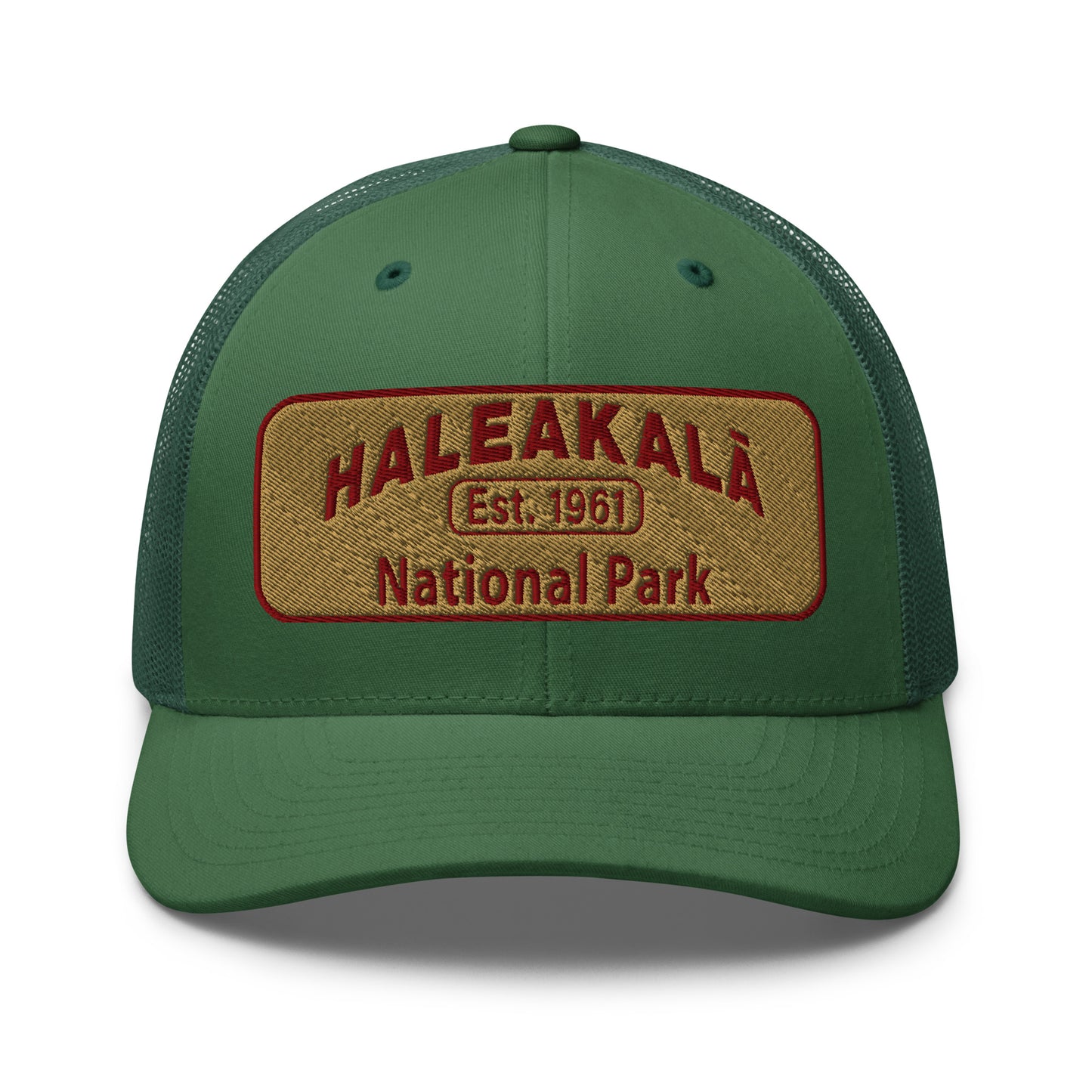 Haleakalā National Park Camo Hat - Gold and Red Embroidered Haleakalā National Park logo on front - Yupoong 6606 Trucker Hat - Front View  - Color:  Evergreen