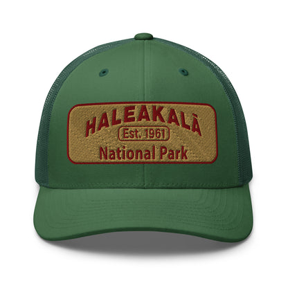 Haleakalā National Park Camo Hat - Gold and Red Embroidered Haleakalā National Park logo on front - Yupoong 6606 Trucker Hat - Front View  - Color:  Evergreen