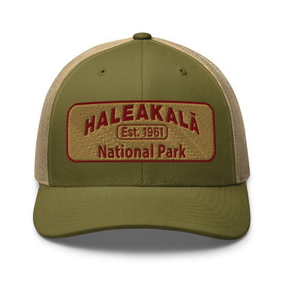 Haleakalā National Park Camo Hat - Gold and Red Embroidered Haleakalā National Park logo on front - Yupoong 6606 Trucker Hat - Front View  - Color:  Moss Green/Khaki