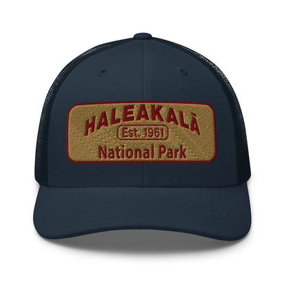 Haleakalā National Park Camo Hat - Gold and Red Embroidered Haleakalā National Park logo on front - Yupoong 6606 Trucker Hat - Front View  - Color: Navy