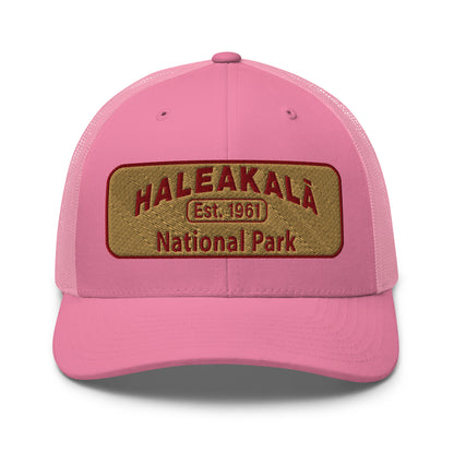 Haleakalā National Park Camo Hat - Gold and Red Embroidered Haleakalā National Park logo on front - Yupoong 6606 Trucker Hat - Front View  - Color: Pink