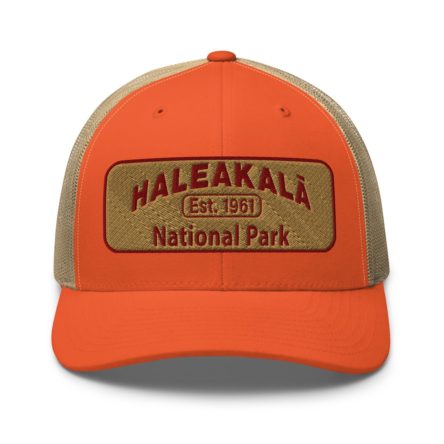 Haleakalā National Park Camo Hat - Gold and Red Embroidered Haleakalā National Park logo on front - Yupoong 6606 Trucker Hat - Front View  - Color: Orange/Khaki