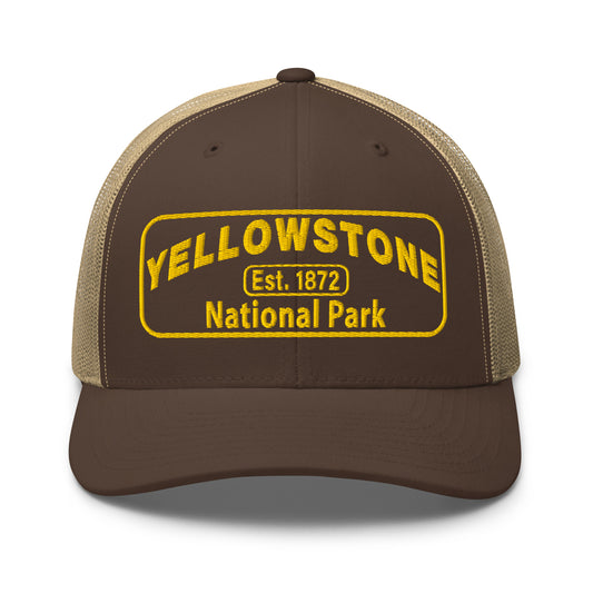 Yellowstone National Park Hat - Yupoong 6606 Trucker Hat - Gold Embroidery Patch - Front View - Color:  Brown/Khaki