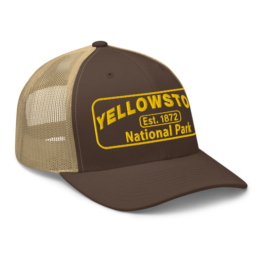 Yellowstone National Park Hat - Yupoong 6606 Trucker Hat - Gold Embroidery Patch - Side View - Color:  Brown/Khaki