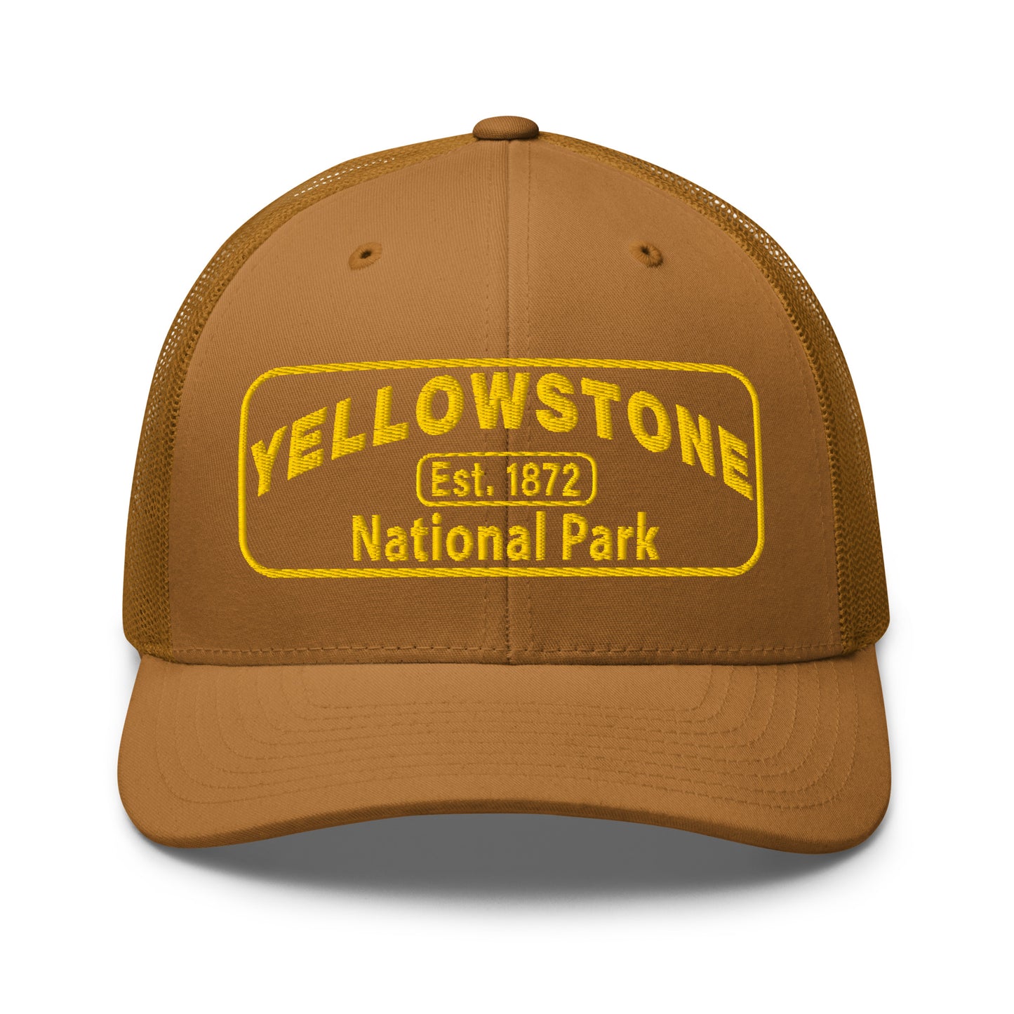 Yellowstone National Park Hat - Yupoong 6606 Trucker Hat - Gold Embroidery Patch - Front View - Color:  Caramel