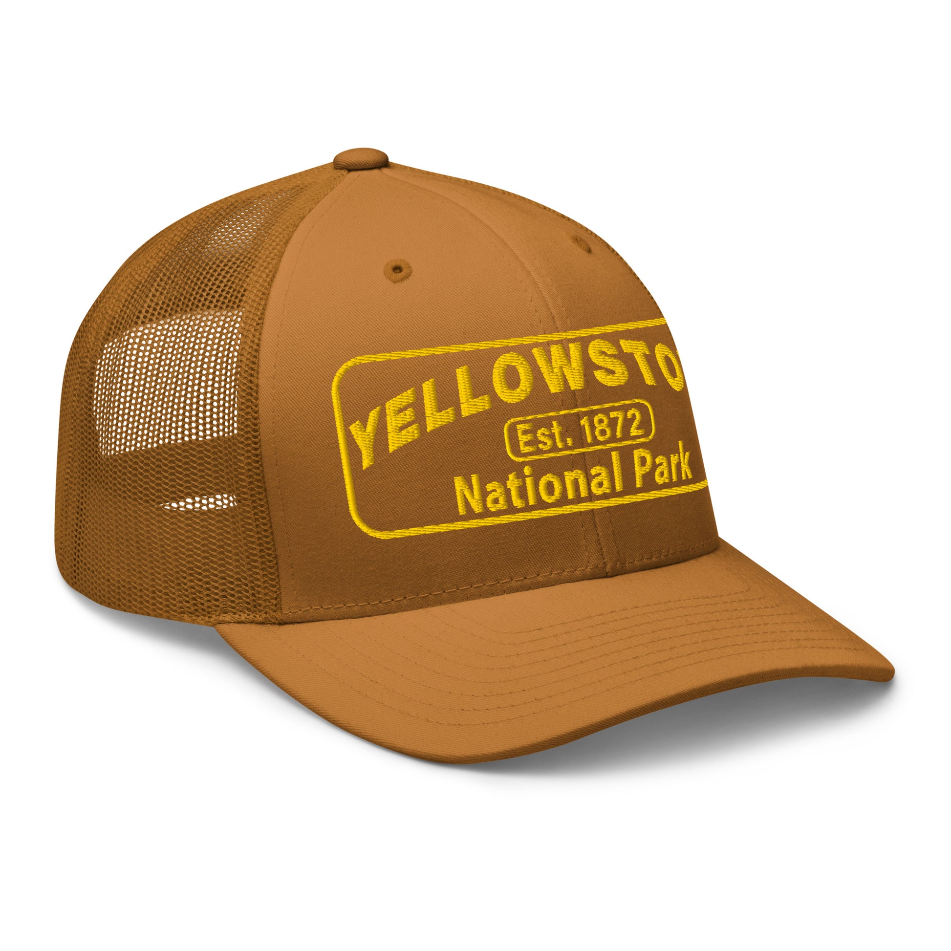 Yellowstone National Park Hat - Yupoong 6606 Trucker Hat - Gold Embroidery Patch - Side View - Color:  Caramel