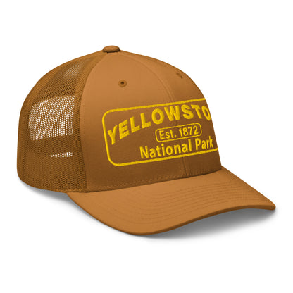 Yellowstone National Park Hat - Yupoong 6606 Trucker Hat - Gold Embroidery Patch - Side View - Color:  Caramel