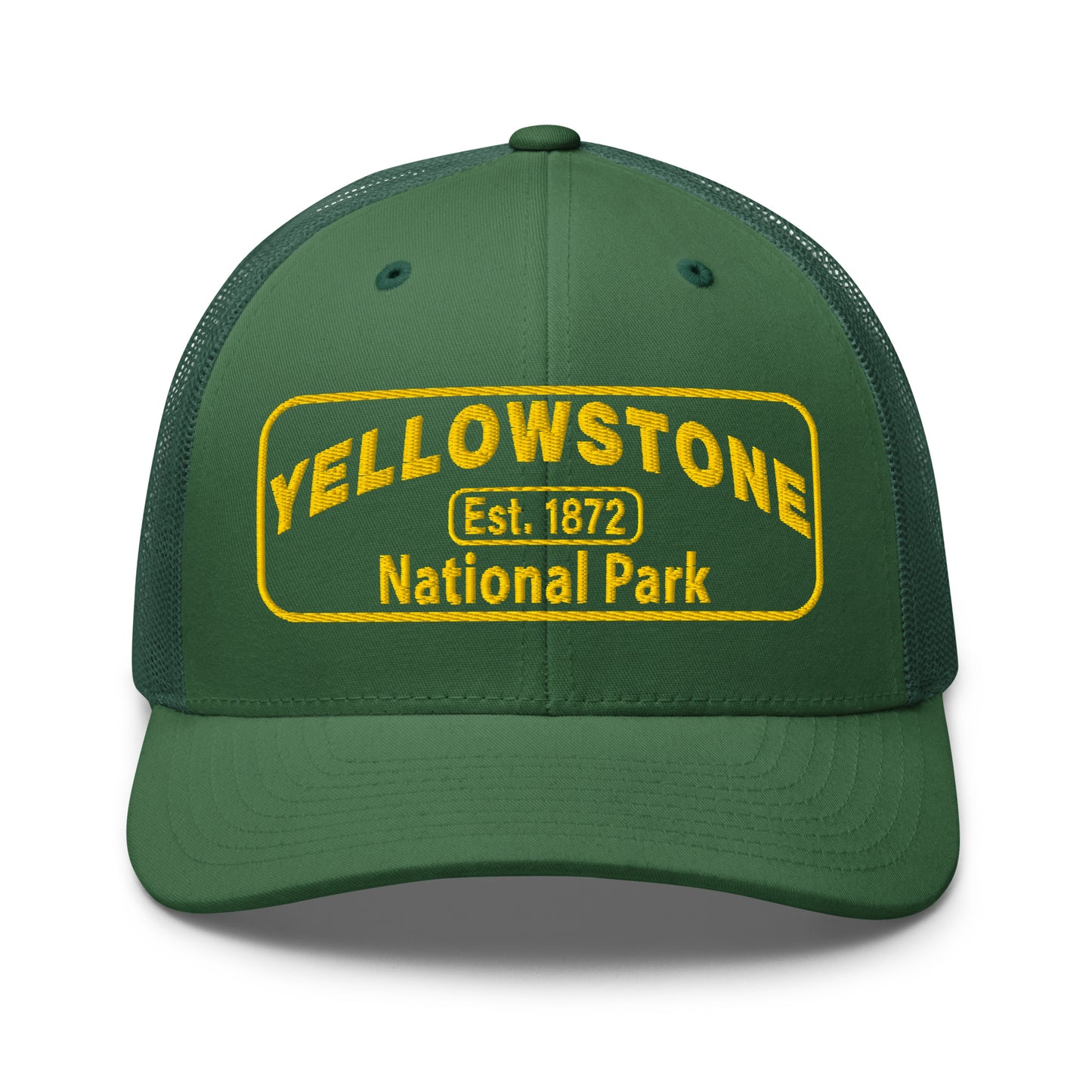 Yellowstone National Park Hat - Yupoong 6606 Trucker Hat - Gold Embroidery Patch - Front View - Color:  Evergreen
