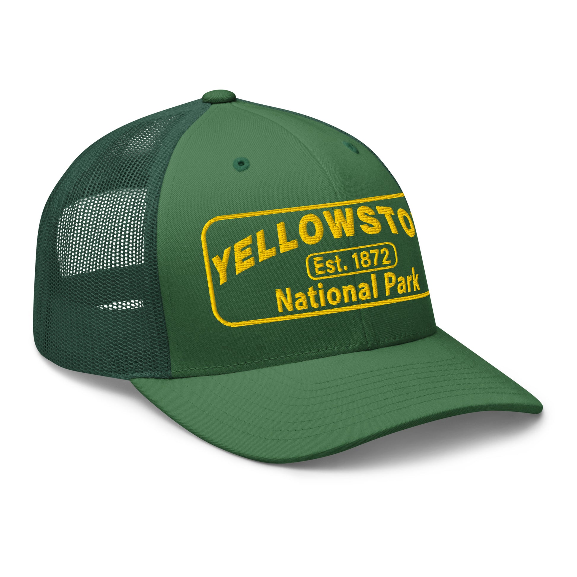 Yellowstone National Park Hat - Yupoong 6606 Trucker Hat - Gold Embroidery Patch - Side View - Color:  Evergreen