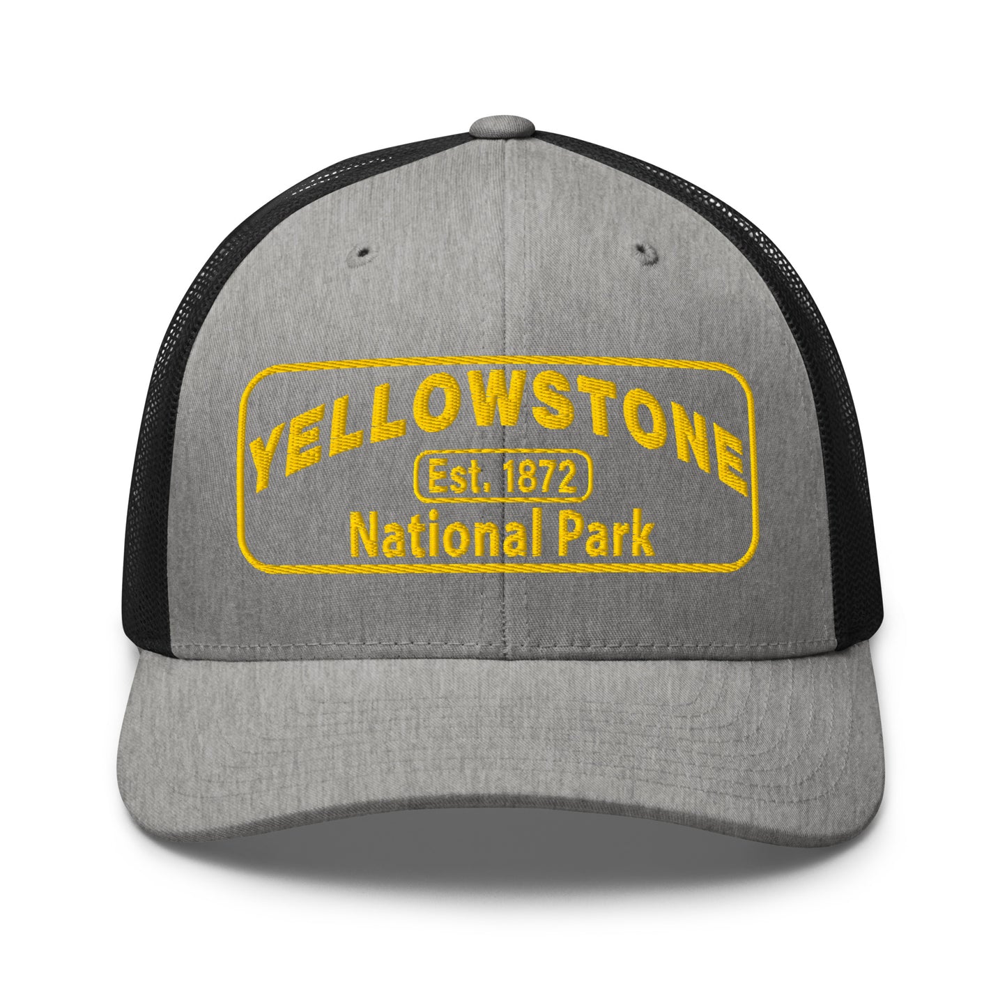 Yellowstone National Park Hat - Yupoong 6606 Trucker Hat - Gold Embroidery Patch - Front View - Color:  Heather Gray/Black