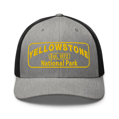 Yellowstone National Park Hat - Yupoong 6606 Trucker Hat - Gold Embroidery Patch - Front View - Color:  Heather Gray/Black