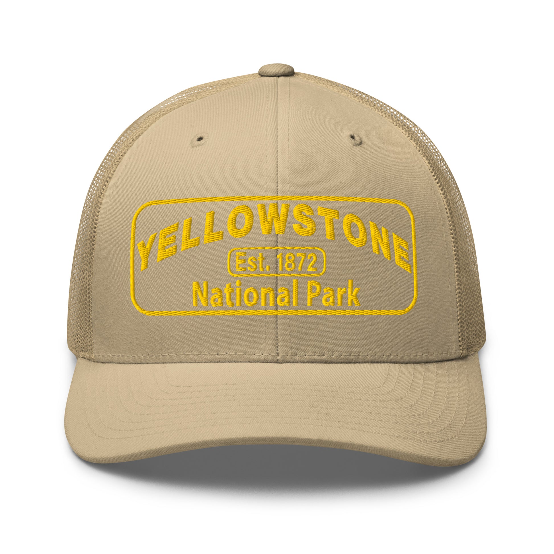 Yellowstone National Park Hat - Yupoong 6606 Trucker Hat - Gold Embroidery Patch - Front View - Color:  Khaki