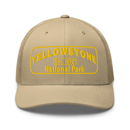 Yellowstone National Park Hat - Yupoong 6606 Trucker Hat - Gold Embroidery Patch - Front View - Color:  Khaki