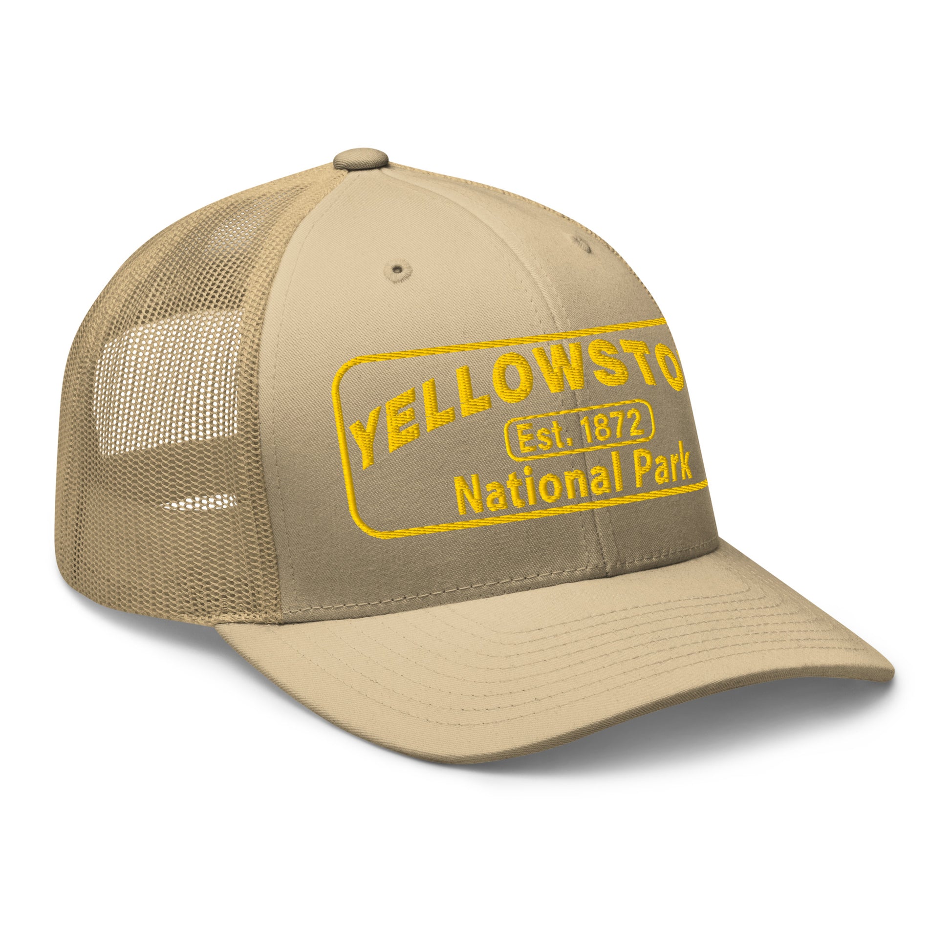 Yellowstone National Park Hat - Yupoong 6606 Trucker Hat - Gold Embroidery Patch - Side View - Color:  Khaki
