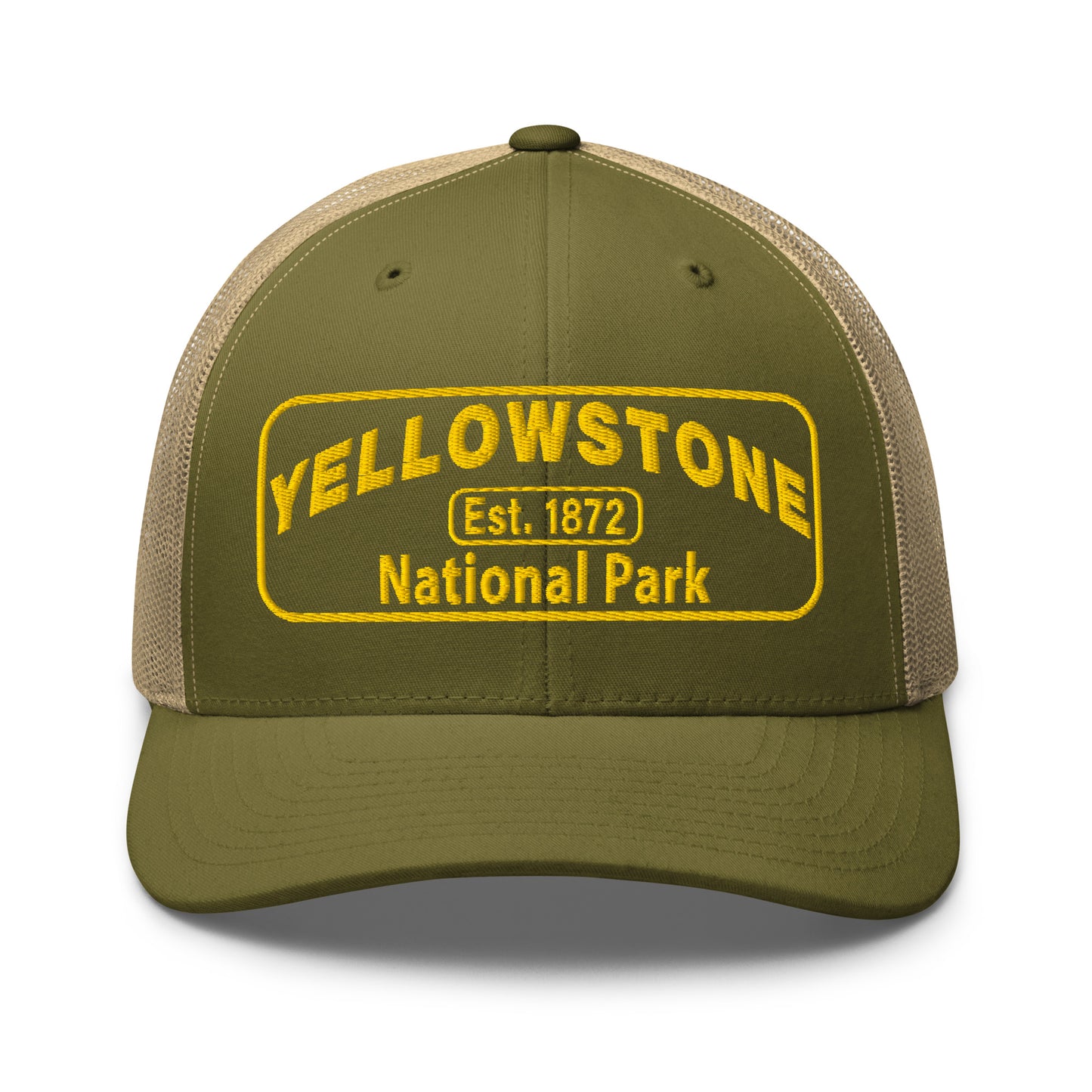 Yellowstone National Park Hat - Yupoong 6606 Trucker Hat - Gold Embroidery Patch - Front View - Color:  Moss Green/Khaki