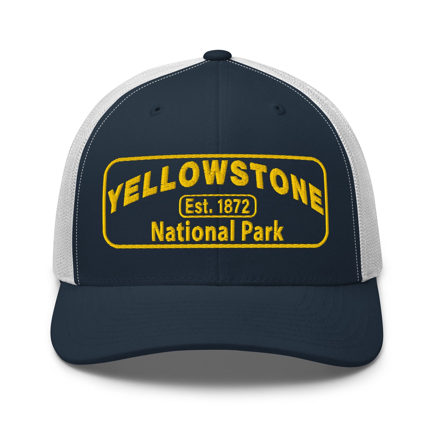 Yellowstone National Park Hat - Yupoong 6606 Trucker Hat - Gold Embroidery Patch - Front View - Color:  Navy/White