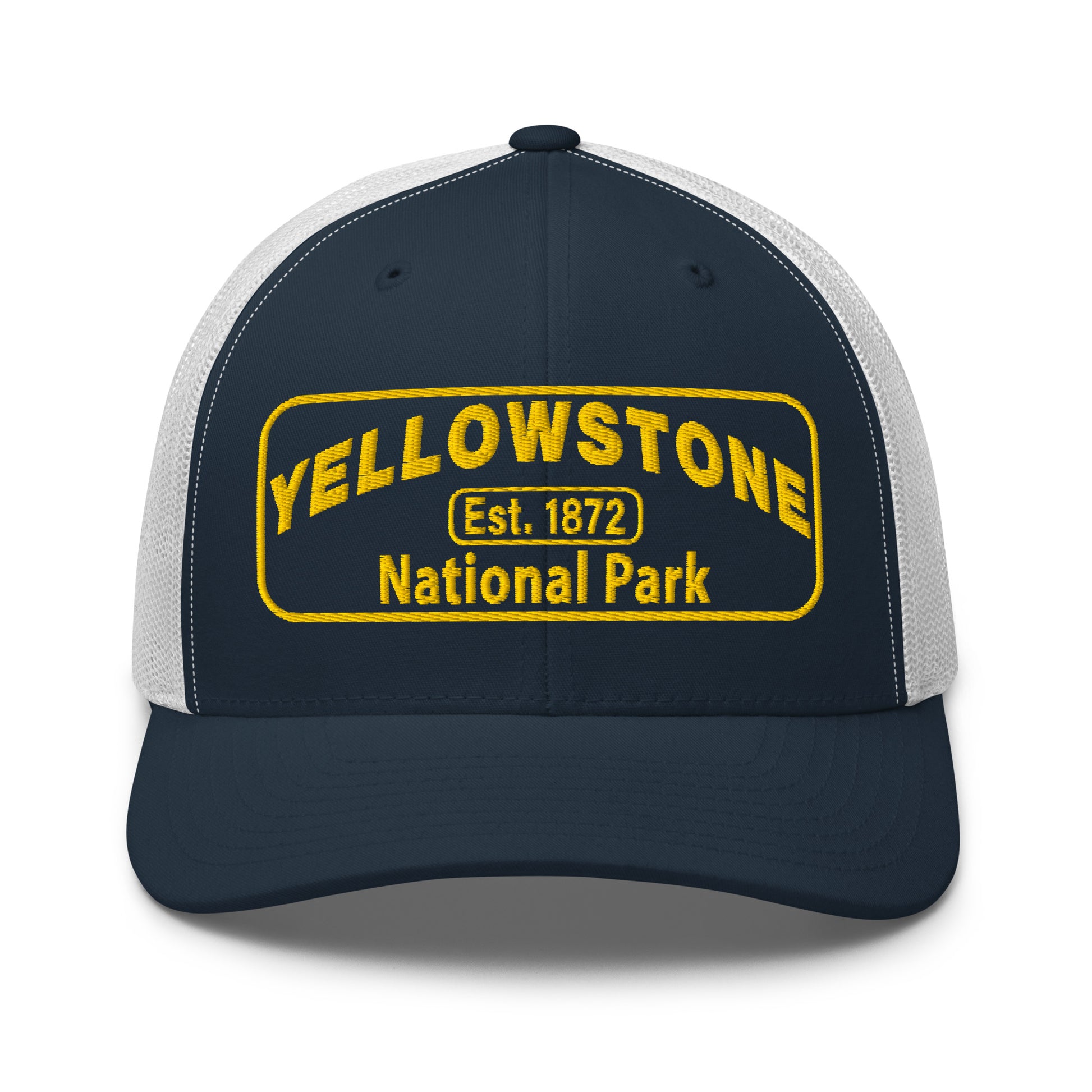 Yellowstone National Park Hat - Yupoong 6606 Trucker Hat - Gold Embroidery Patch - Front View - Color:  Navy/White
