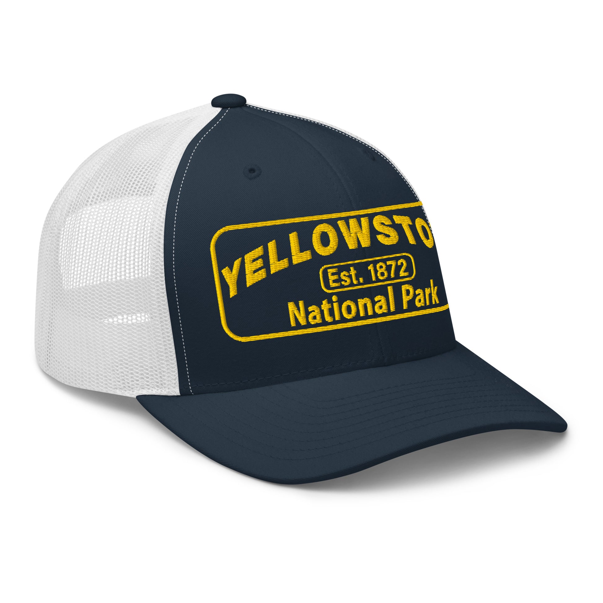 Yellowstone National Park Hat - Yupoong 6606 Trucker Hat - Gold Embroidery Patch - Side View - Color:  Navy/White