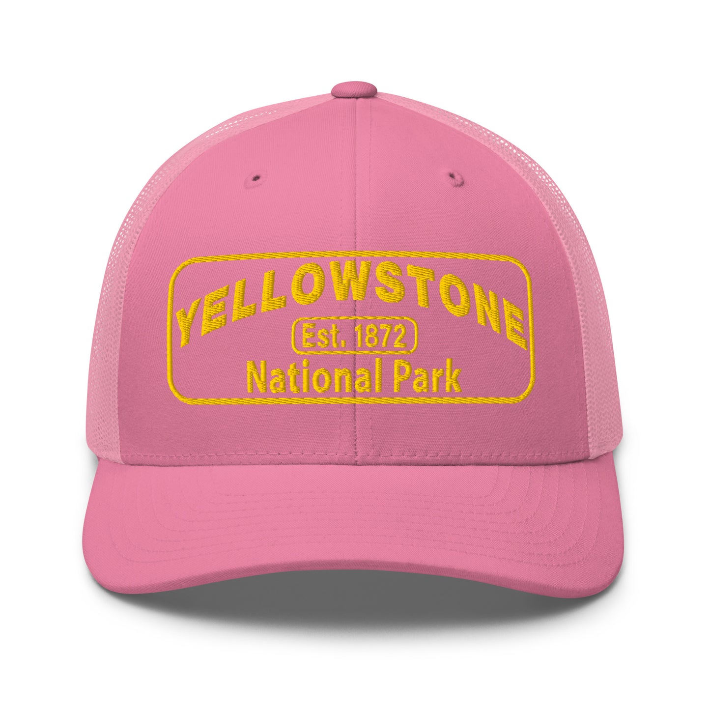 Yellowstone National Park Hat - Yupoong 6606 Trucker Hat - Gold Embroidery Patch - Front View - Color: Pink