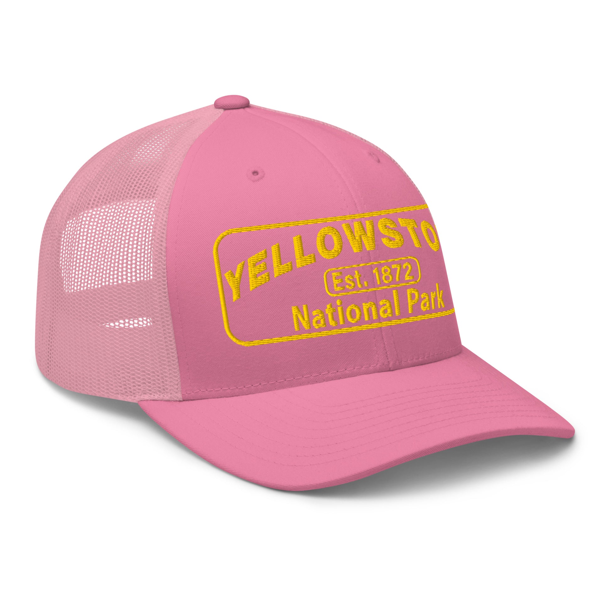 Yellowstone National Park Hat - Yupoong 6606 Trucker Hat - Gold Embroidery Patch - Side View - Color: Pink