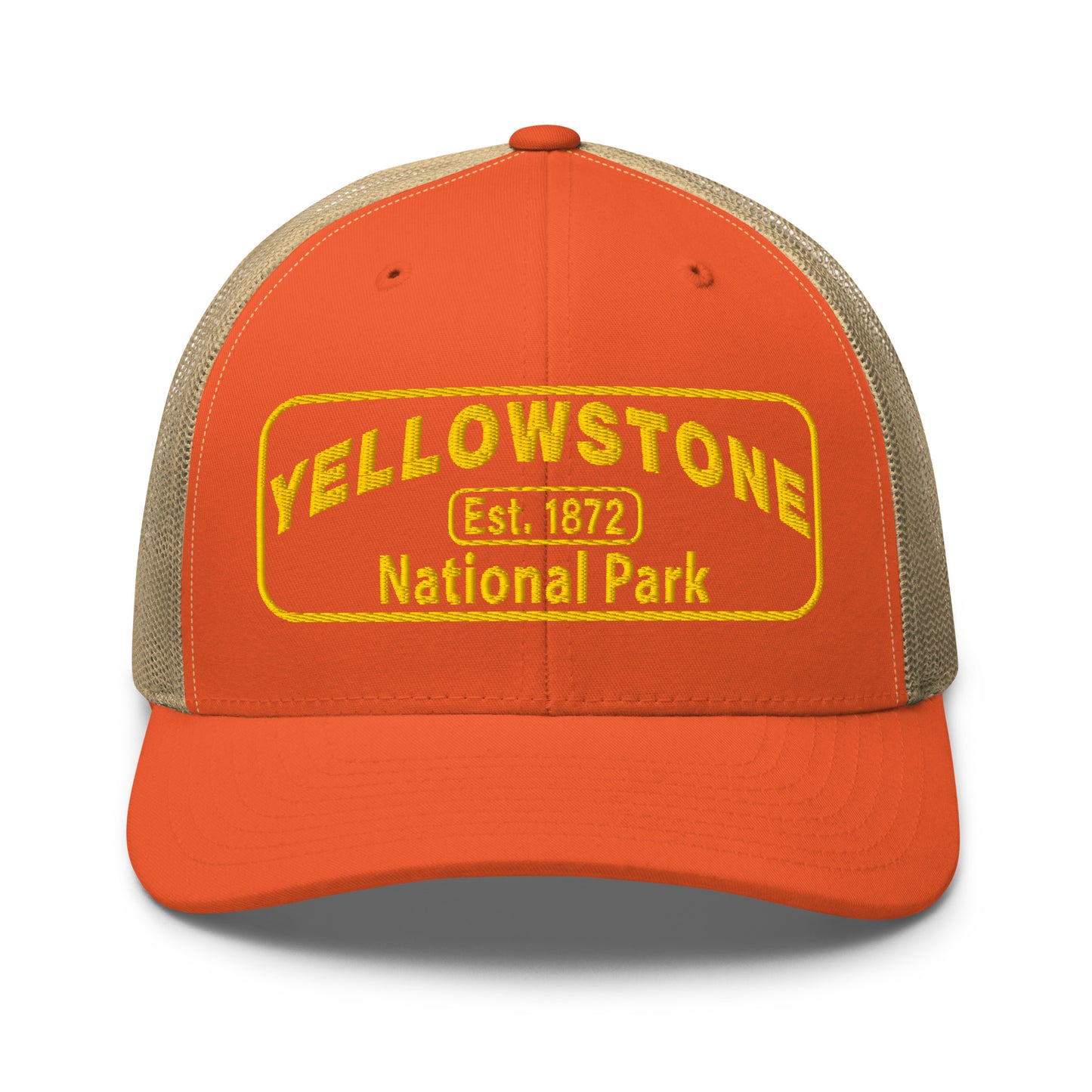 Yellowstone National Park Hat - Yupoong 6606 Trucker Hat - Gold Embroidery Patch - Front View - Color: Orange/Khaki