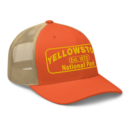Yellowstone National Park Hat - Yupoong 6606 Trucker Hat - Gold Embroidery Patch - Side View - Color: Orange/Khaki