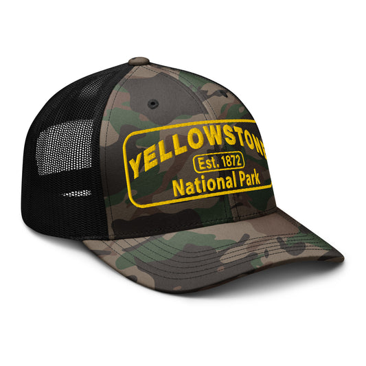 Yellowstone National Park Camo Hat - Gold Embroidery - Otto 105-1247 Trucker Hat - Side View - Color: Black/Camo