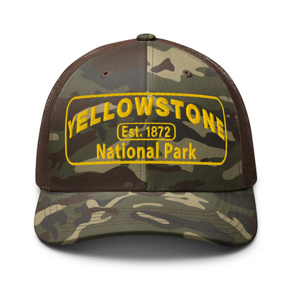 Yellowstone National Park Camo Hat - Gold Embroidery - Otto 105-1247 Trucker Hat - Front View - Color: Brown/Camo