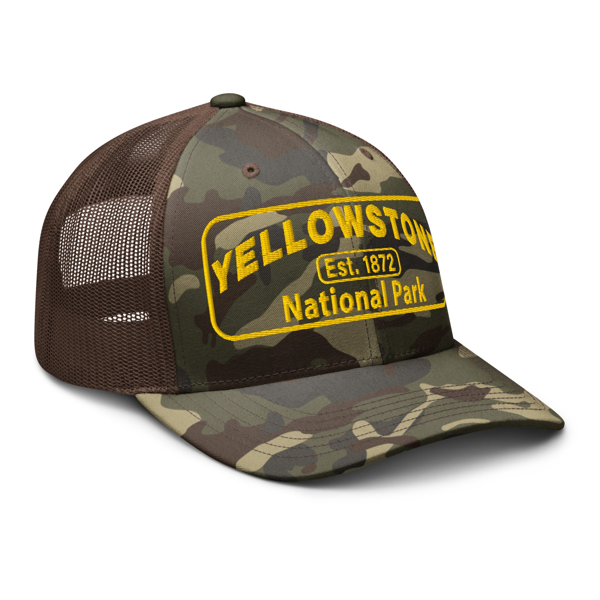 Yellowstone National Park Camo Hat - Gold Embroidery - Otto 105-1247 Trucker Hat - Side View - Color: Brown/Camo