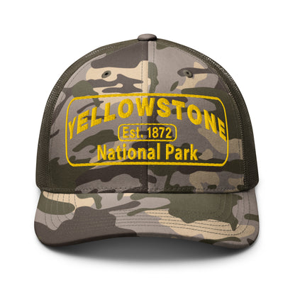 Yellowstone National Park Camo Hat - Gold Embroidery - Otto 105-1247 Trucker Hat - Front View - Color: Olive/Camo