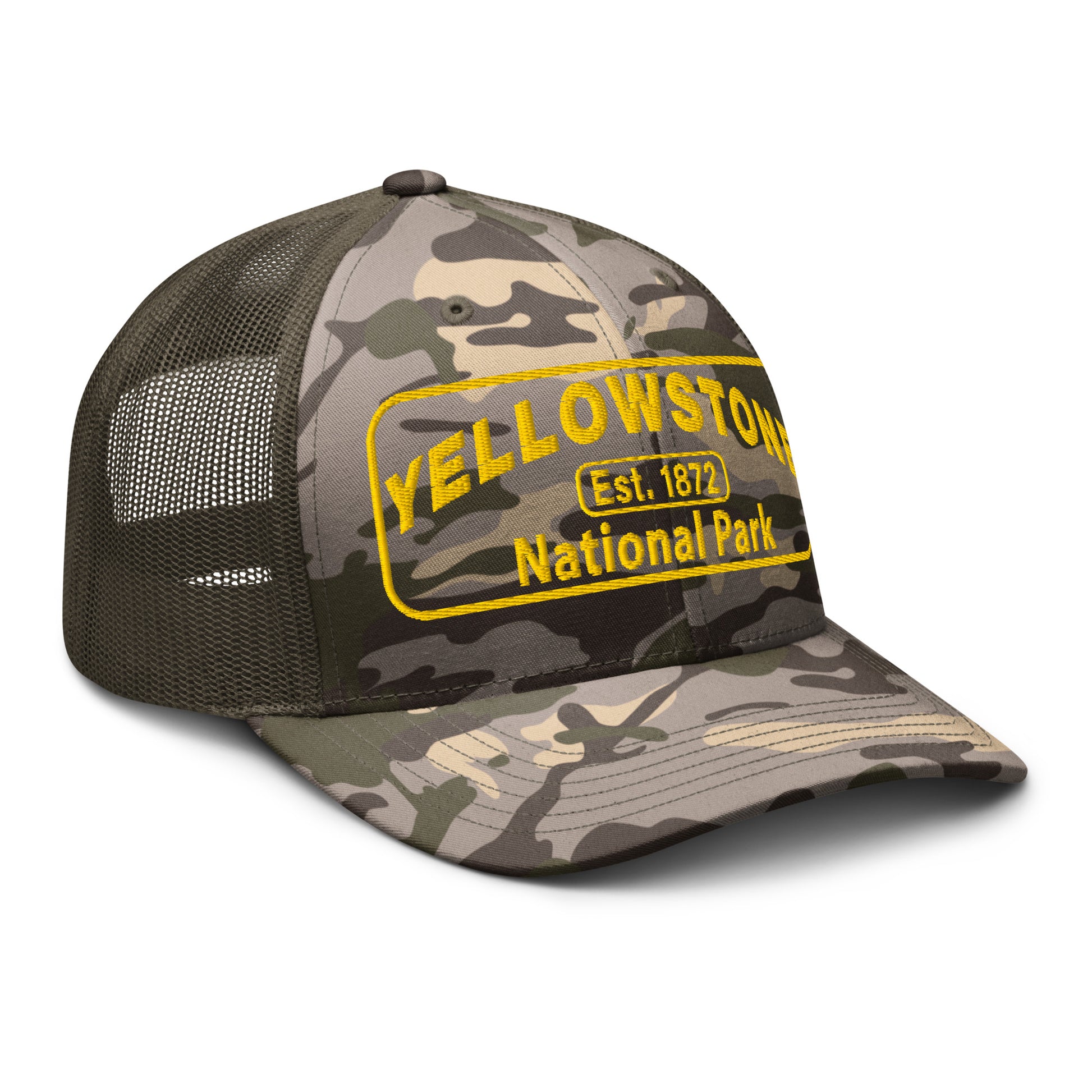 Yellowstone National Park Camo Hat - Gold Embroidery - Otto 105-1247 Trucker Hat - Side View - Color: Olive/Camo