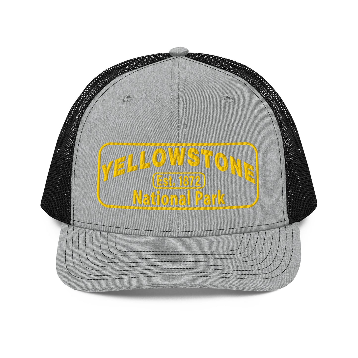 Yellowstone National Park Hat - Gold Embroidered Patch No Background - Front View - Color: Heather Gray/Black