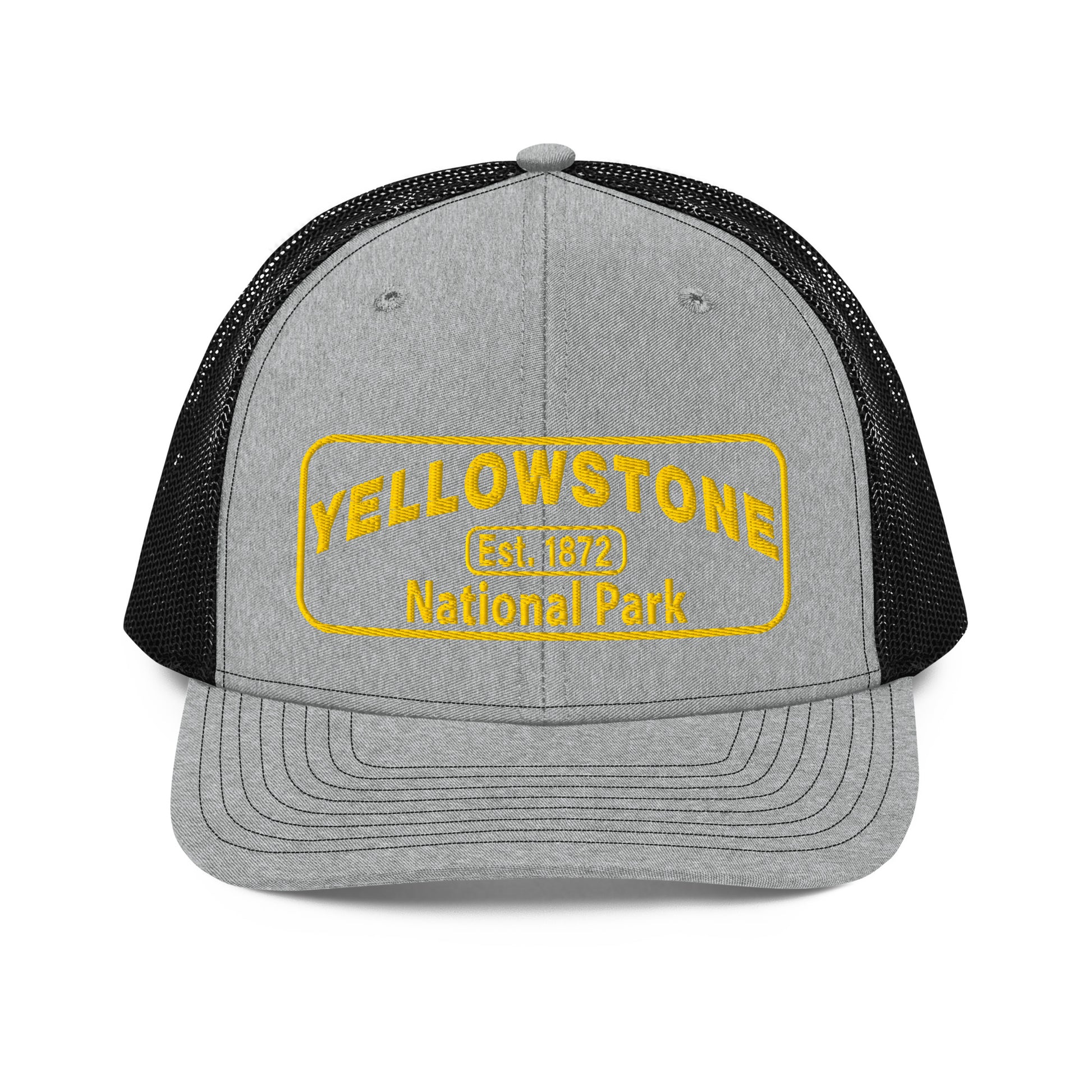 Yellowstone National Park Hat - Gold Embroidered Patch No Background - Front View - Color: Heather Gray/Black