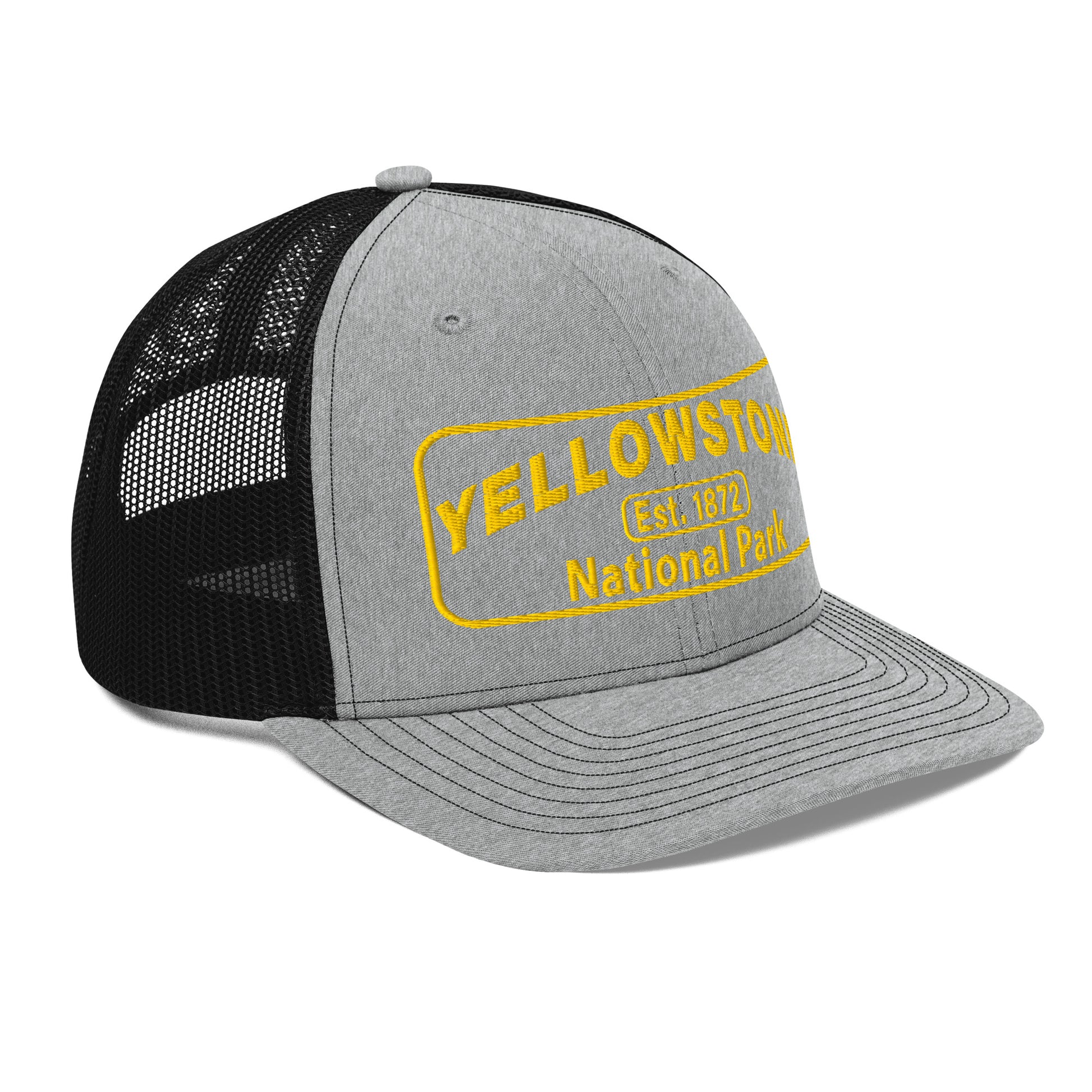 Yellowstone National Park Hat - Gold Embroidered Patch No Background - Side View - Color: Heather Gray/Black