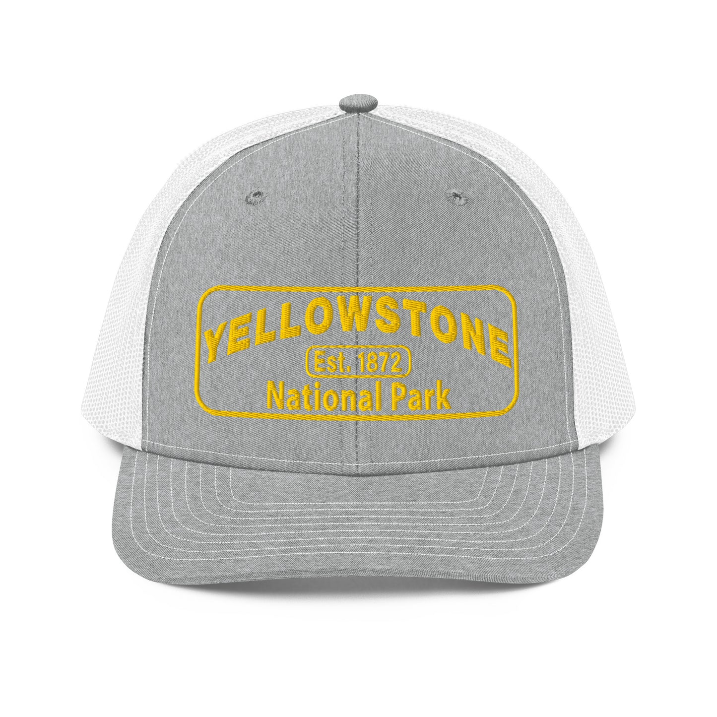 Yellowstone National Park Hat - Gold Embroidered Patch No Background - Front View - Color: Heather Gray/White