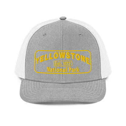 Yellowstone National Park Hat - Gold Embroidered Patch No Background - Front View - Color: Heather Gray/White