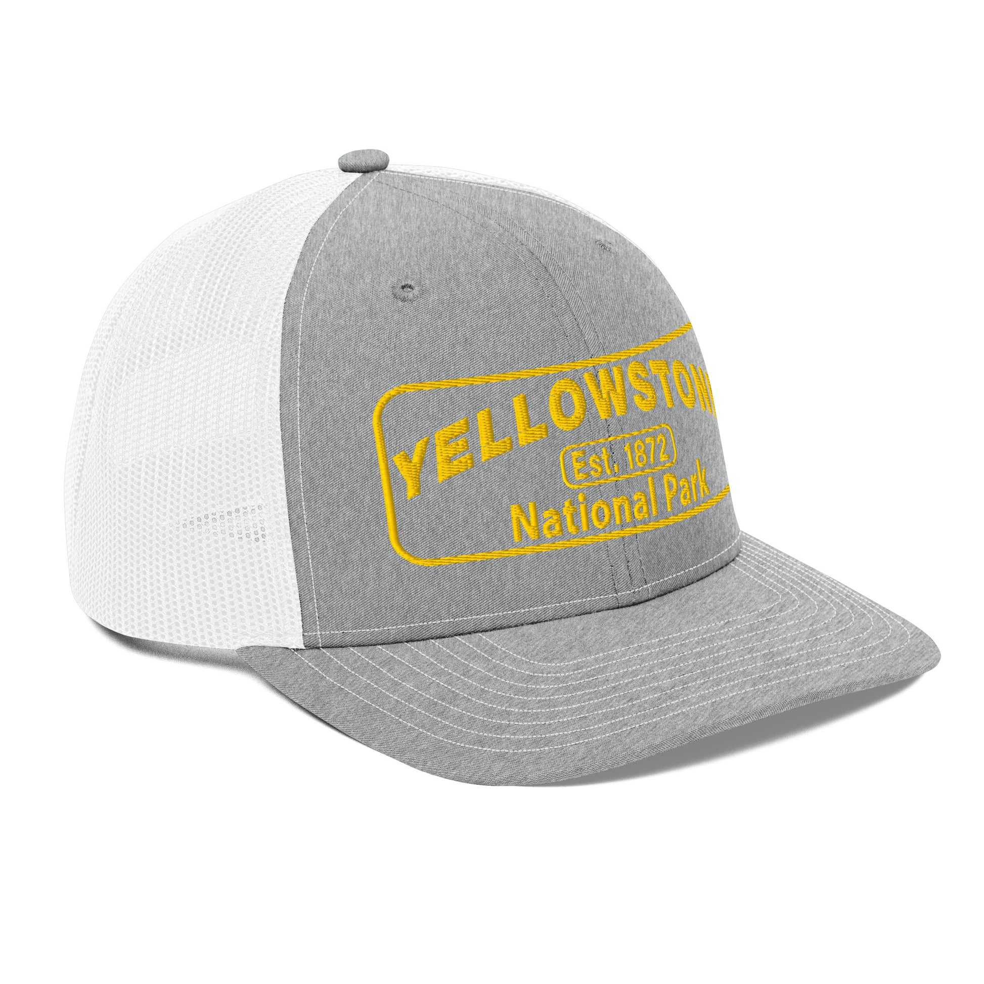 Yellowstone National Park Hat - Gold Embroidered Patch No Background - Side View - Color: Heather Gray/White