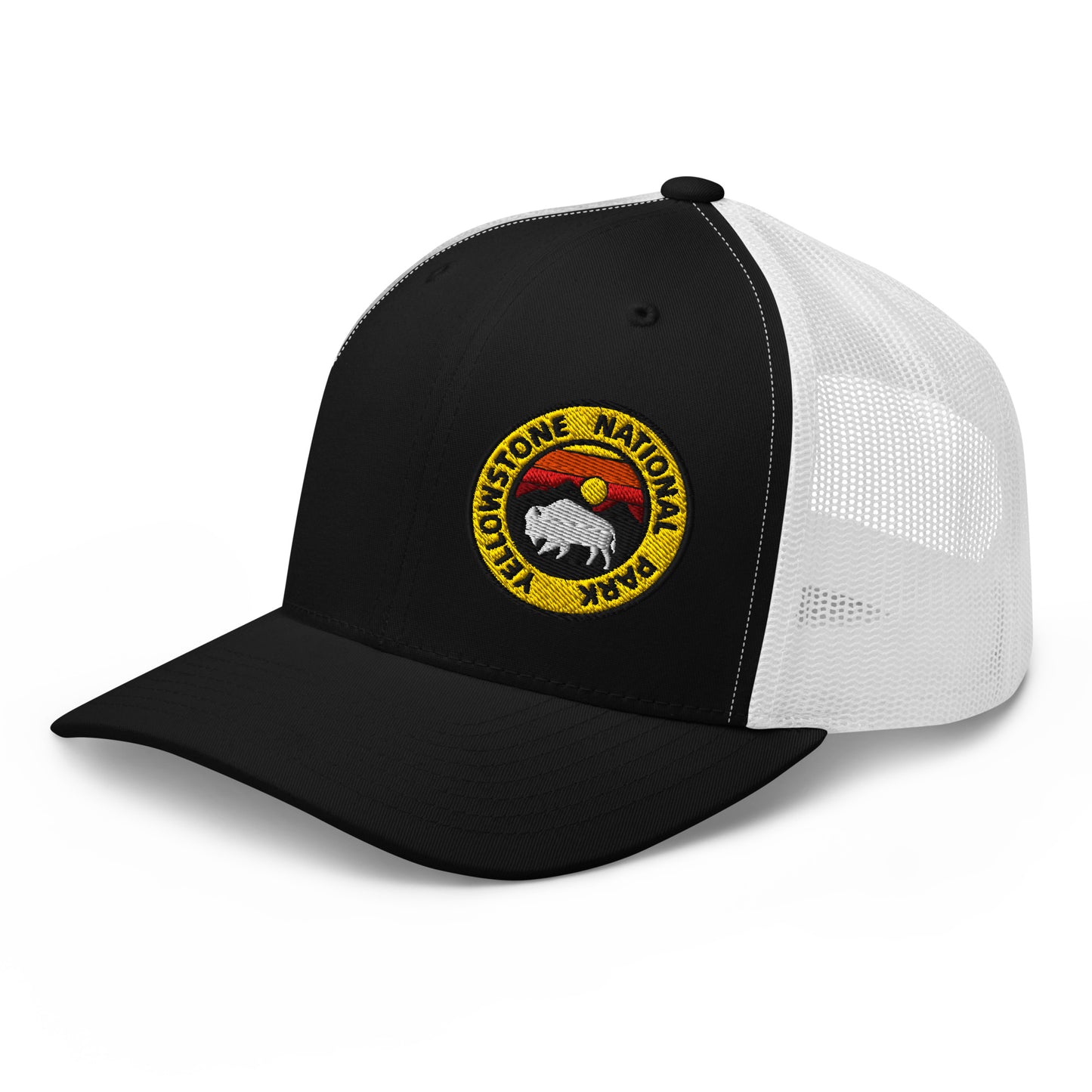 Yellowstone National Park Buffalo Sunset Hat - Yupoong 6606 Trucker Hat - Side View Color: Black/White