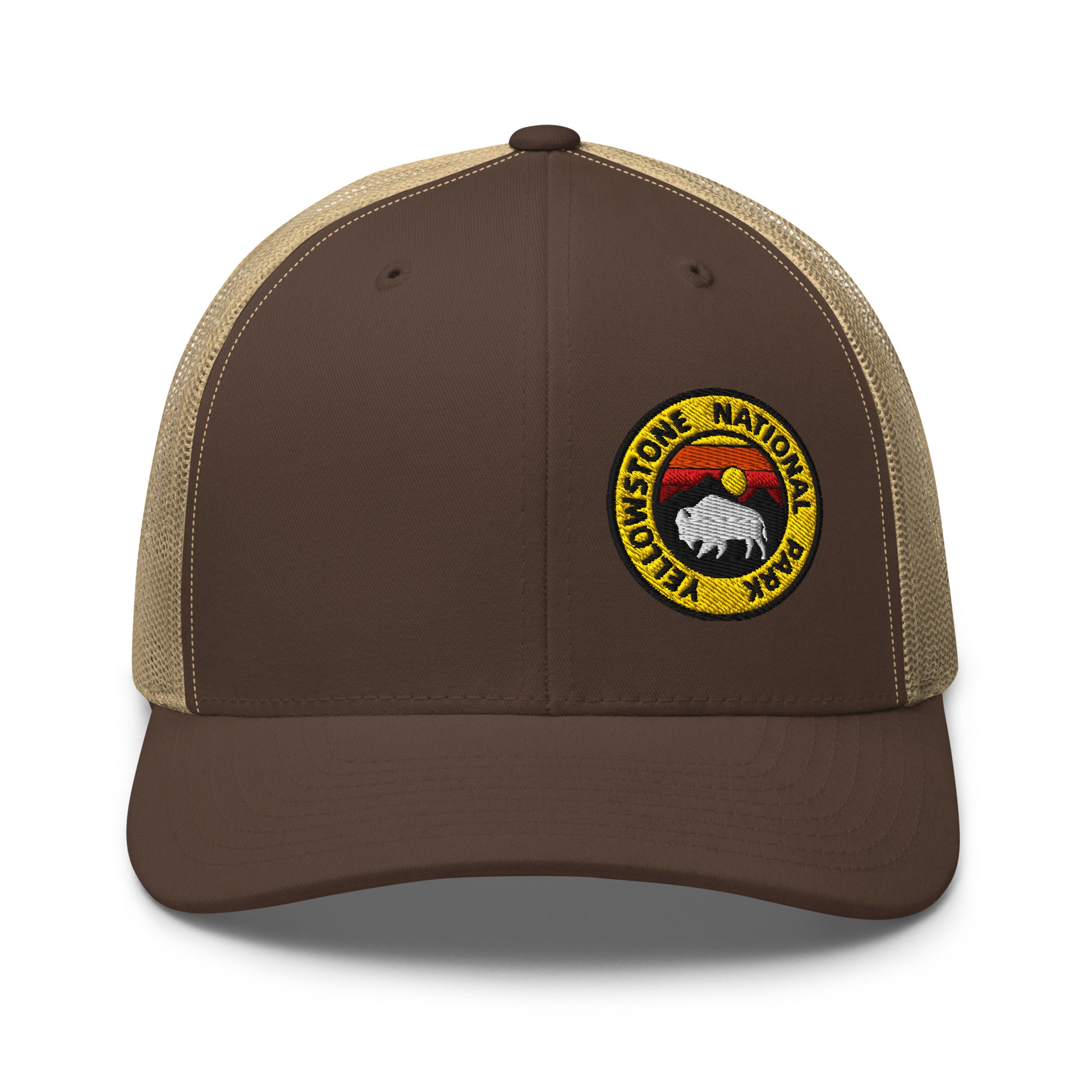 Yellowstone National Park Buffalo Sunset Hat - Yupoong 6606 Trucker Hat - Front View Color: Black/White