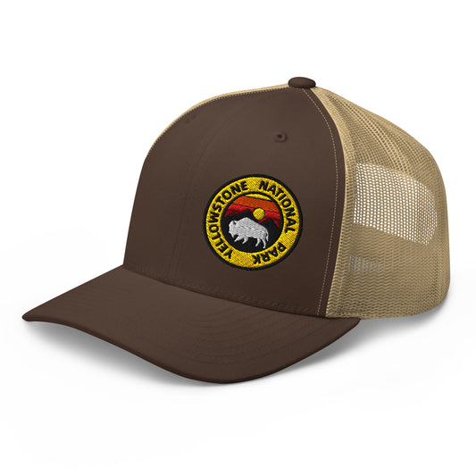 Yellowstone National Park Buffalo Sunset Hat - Yupoong 6606 Trucker Hat - Side View Color: Brown/Khaki