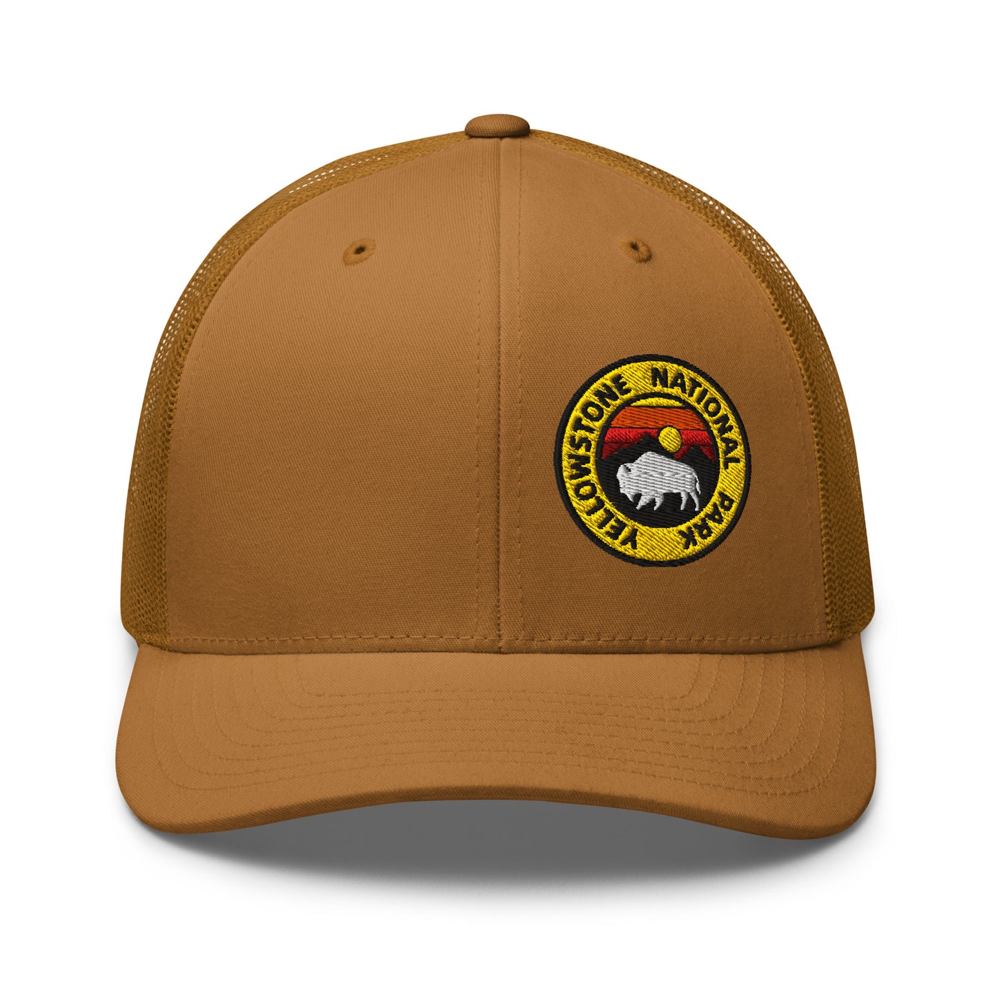 Yellowstone National Park Buffalo Sunset Hat - Yupoong 6606 Trucker Hat - Front View Color: Caramel