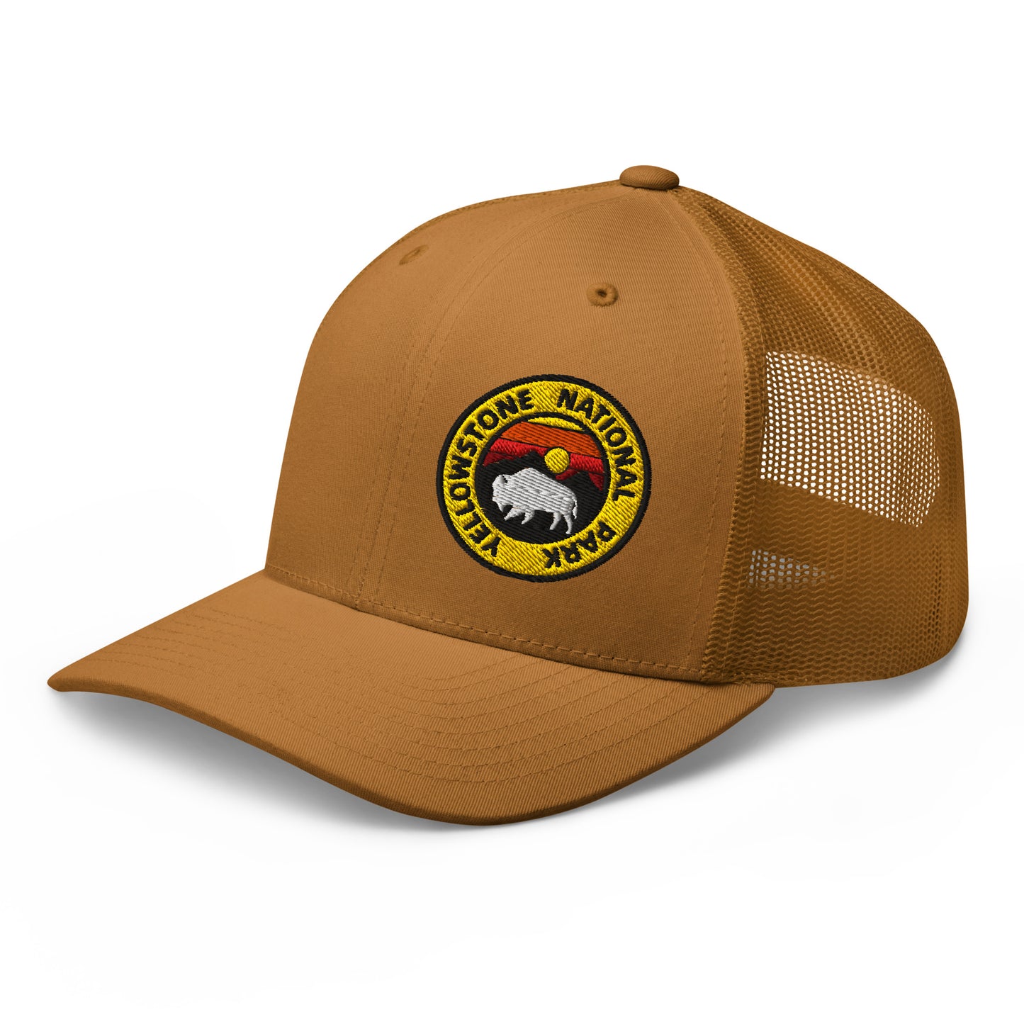 Yellowstone National Park Buffalo Sunset Hat - Yupoong 6606 Trucker Hat - Side View Color: Caramel