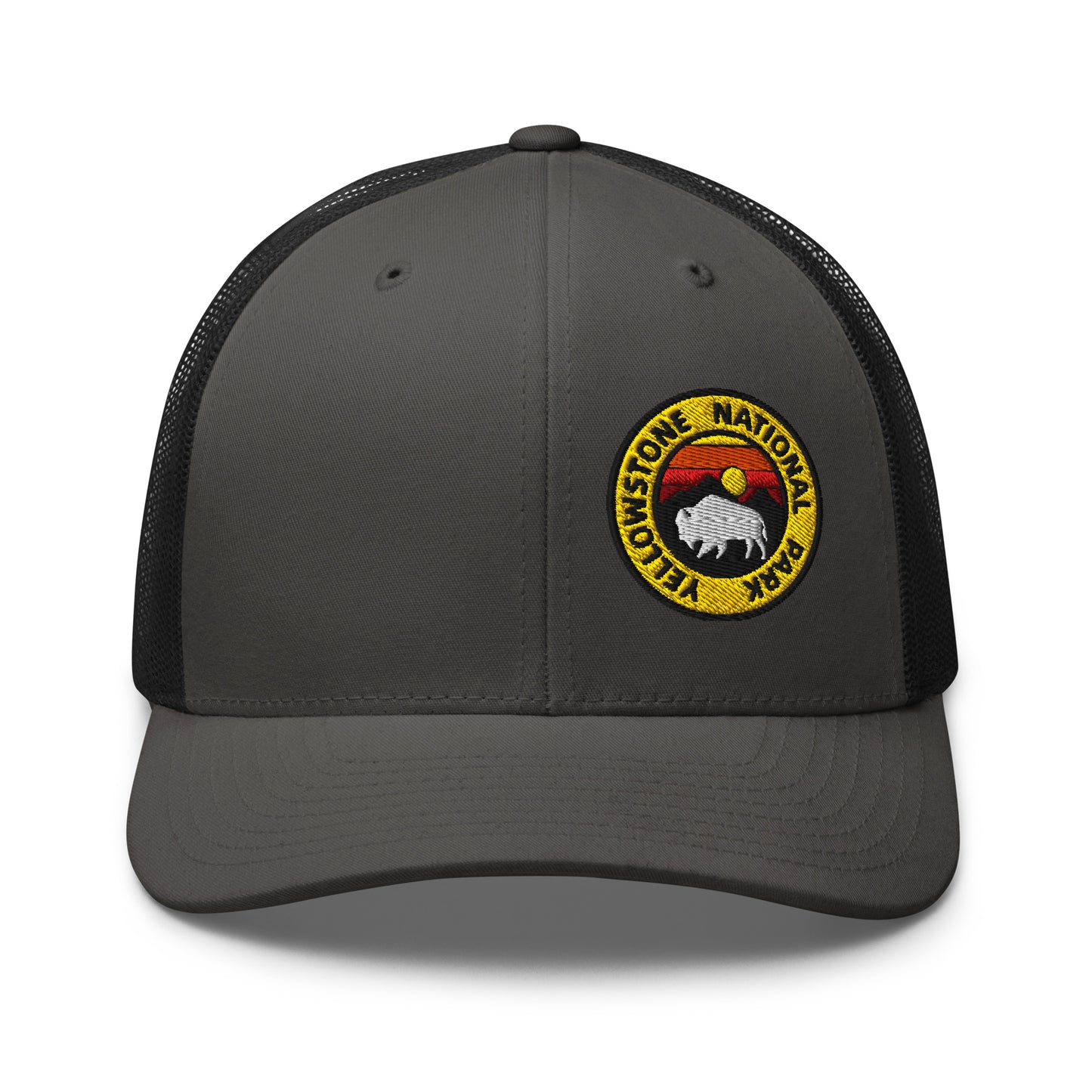Yellowstone National Park Buffalo Sunset Hat - Yupoong 6606 Trucker Hat - Front View Color: Charcoal/Black