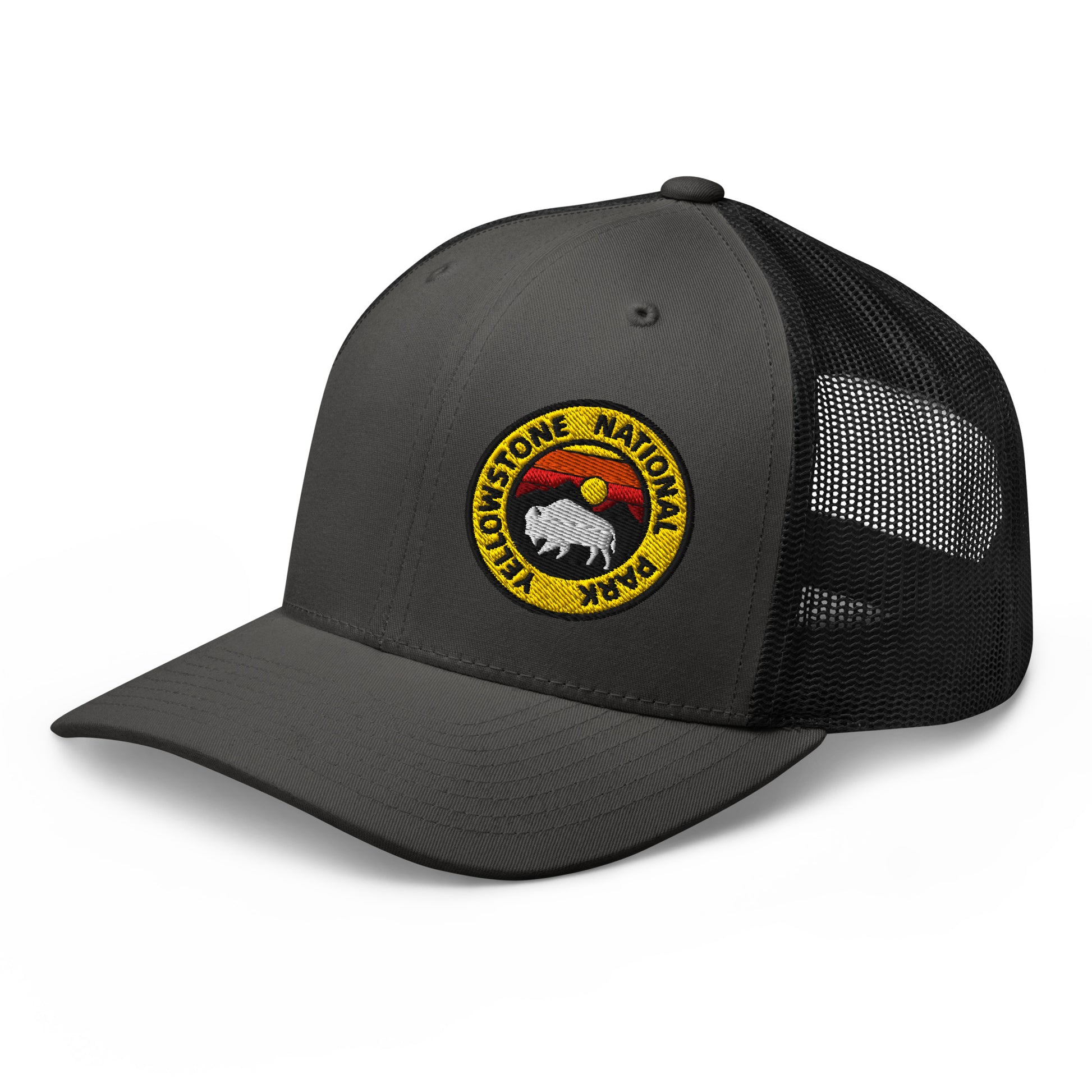 Yellowstone National Park Buffalo Sunset Hat - Yupoong 6606 Trucker Hat - Side View Color: Charcoal/Black